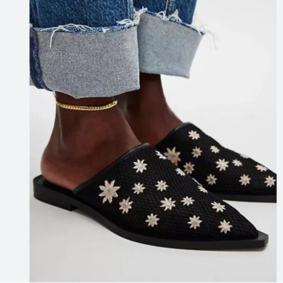 Free People Becky Daisy Mules Womens Black Shimmer Mesh Flat - Picture 2 of 4